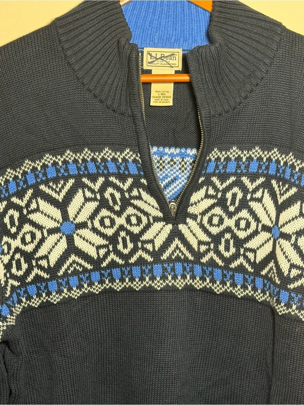 LL Bean Nordic Fair Isle Quarter Zip Sweater Mens Large Blue 100% Cotton Knit